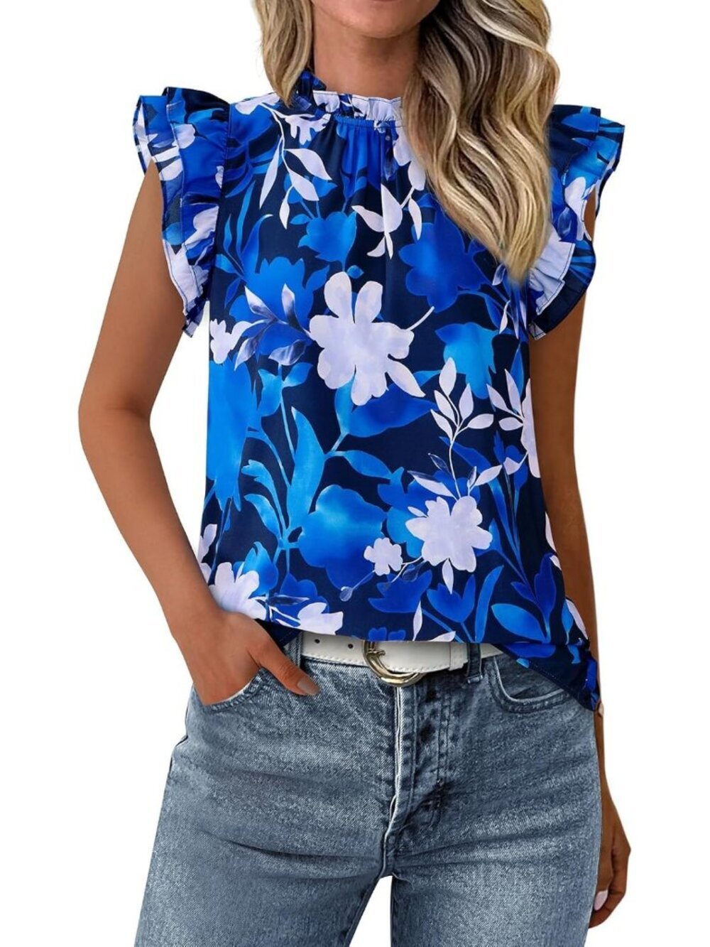 Women's Blue Flower Ruffle Short Sleeve Floral Trim Neck Casual Top Shirt